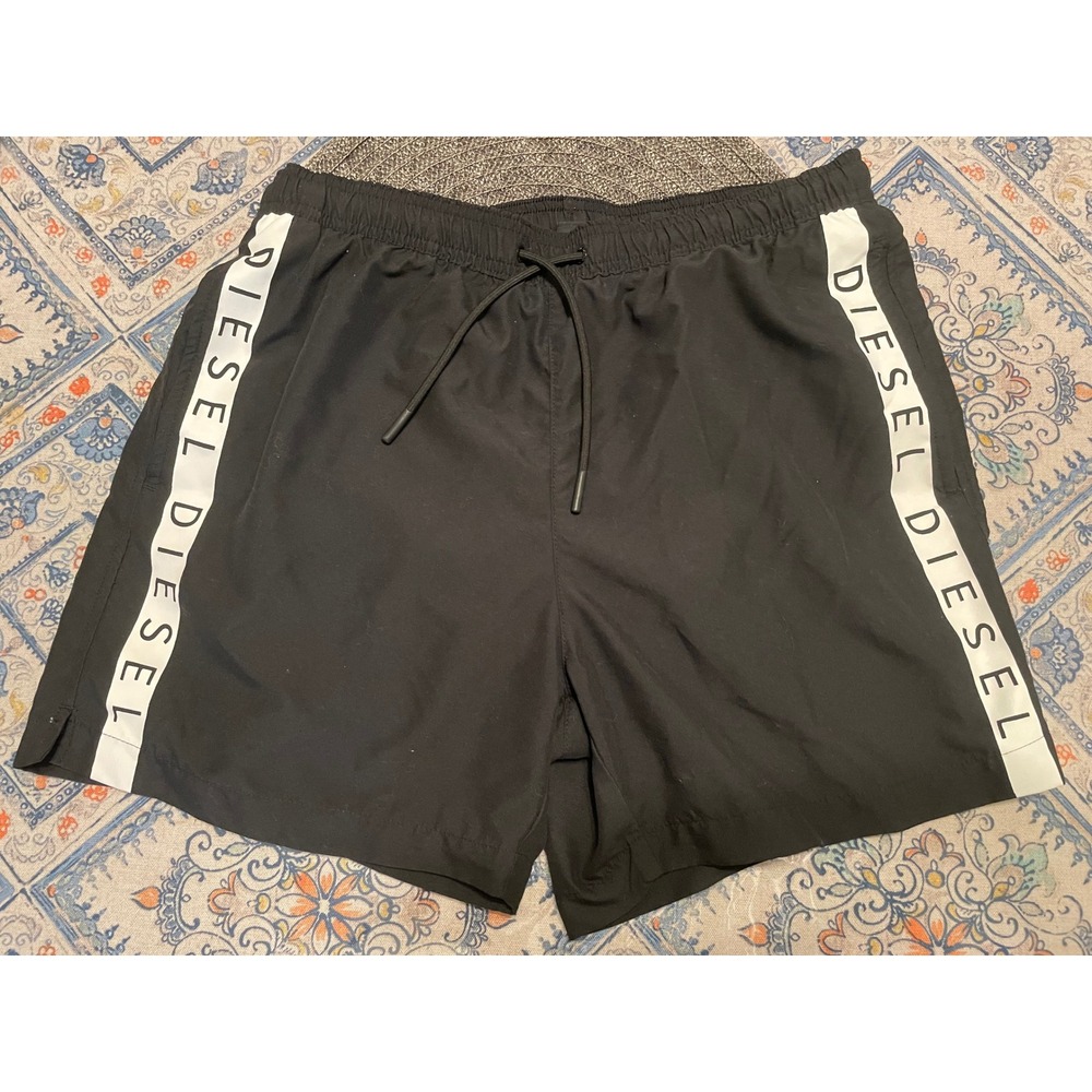 Diesel Mens Black Swim Trunks Logo Tape Board Shorts Mesh Lining Size Medium